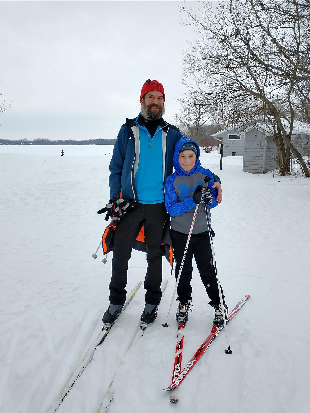 Prof. Massey cross country skiing with his son